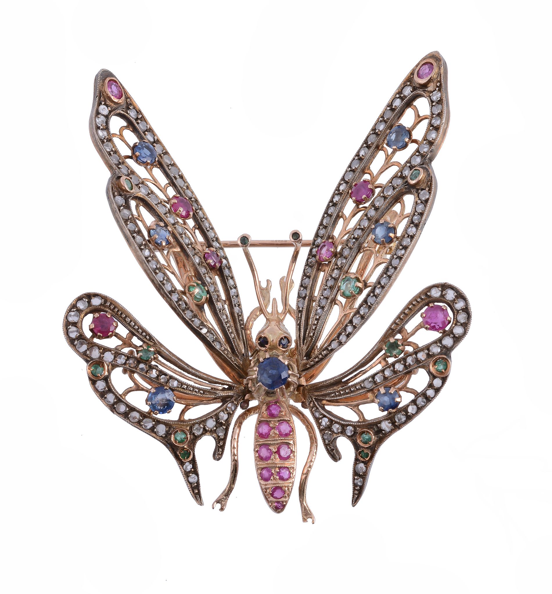 A gem set butterfly brooch, the body set with circular shaped rubies and a circular shaped