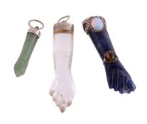 A sodalite, opal and tiger's eye quartz hand pendant, the sodalite hand set with a circular shaped