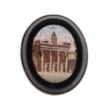 A micro mosaic brooch, the oval panel with a micro mosaic of the Roman Forum on a black paste