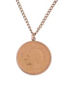 A Pahlavi gold coin pendant, 23g gross; on a base metal chain