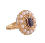 An amethyst and pearl ring, the central rectangular shaped amethyst, collet set within a surround