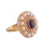An amethyst and pearl ring, the central rectangular shaped amethyst, collet set within a surround