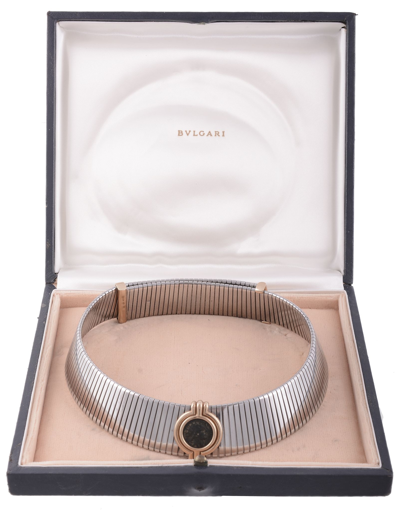 A tubo gaz and coin necklace by Bulgari, designed as a two colour, wide coiled adjustable band - Image 2 of 2