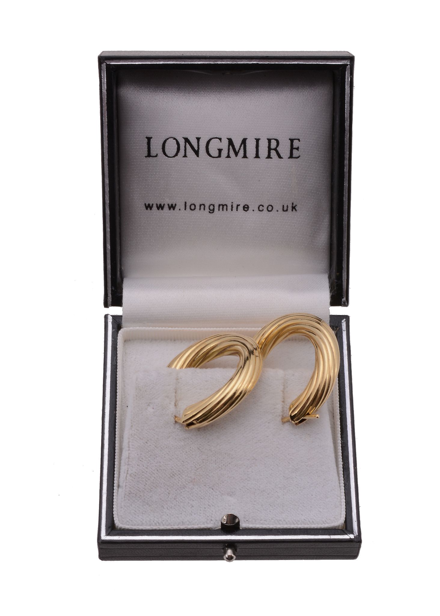 A pair of gold ear hoops, the hollow hoops of twisting design, with post fittings, stamped 750, 9g