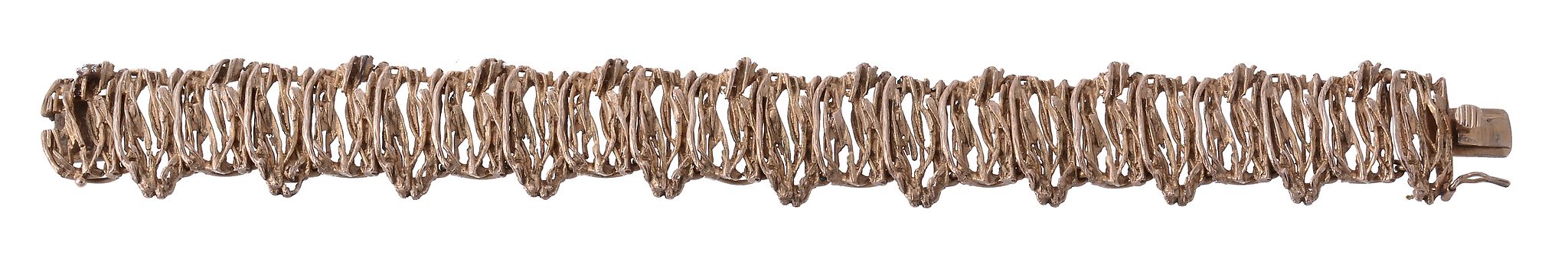 A 9 carat gold textured bracelet , the pierced abstract panels to a concealed clasp stamped A Co,