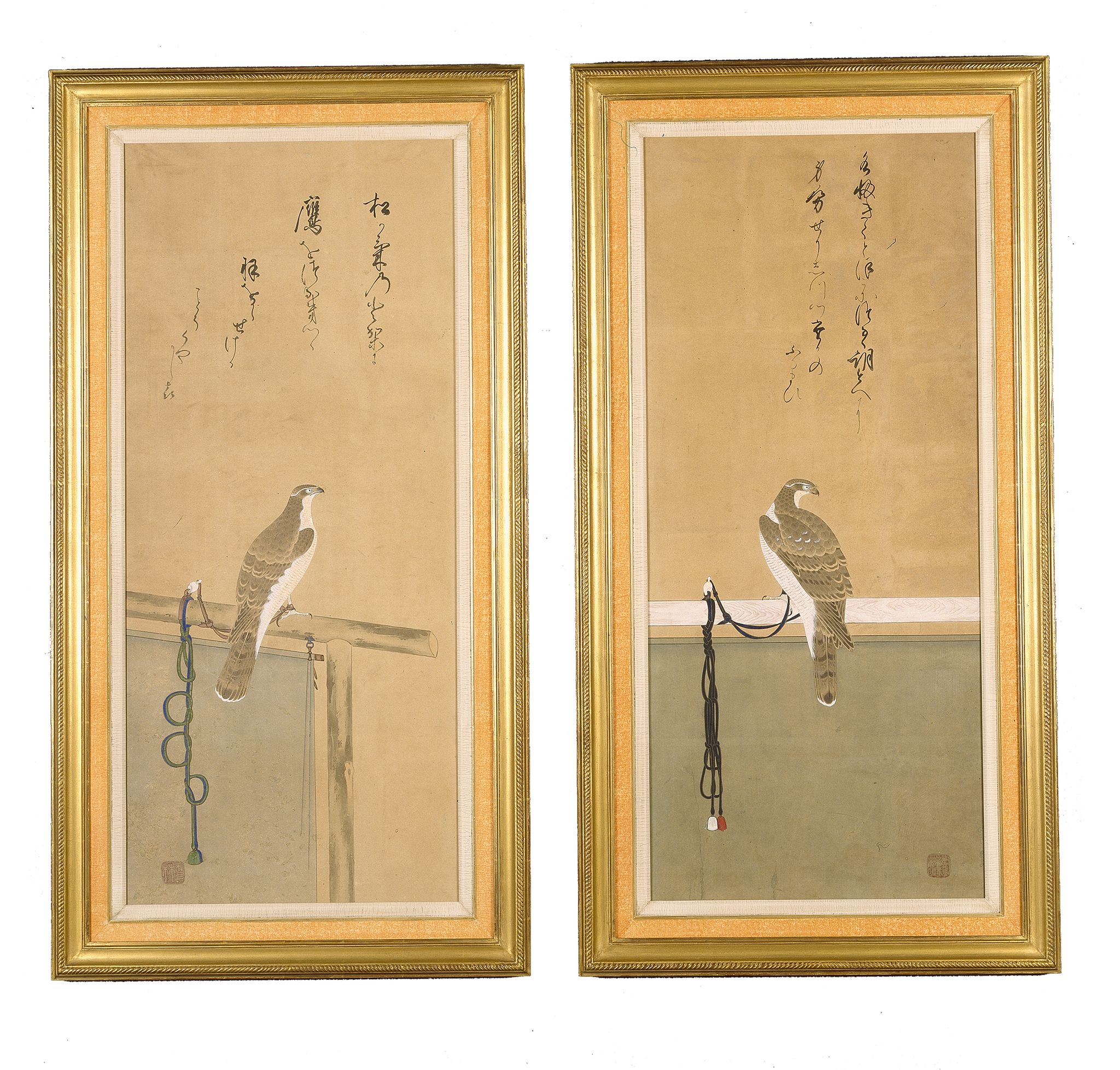 A Pair of Japanese Scroll Paintings of Hawks Japan circa 1880, of Imperial hawks, each depicted upon