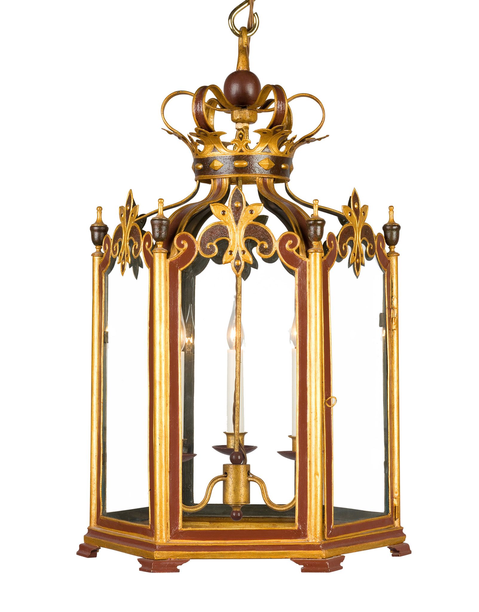 A Late 19th Century Hexagonal Tole Lantern France circa 1860, with a coronet canopy, the whole