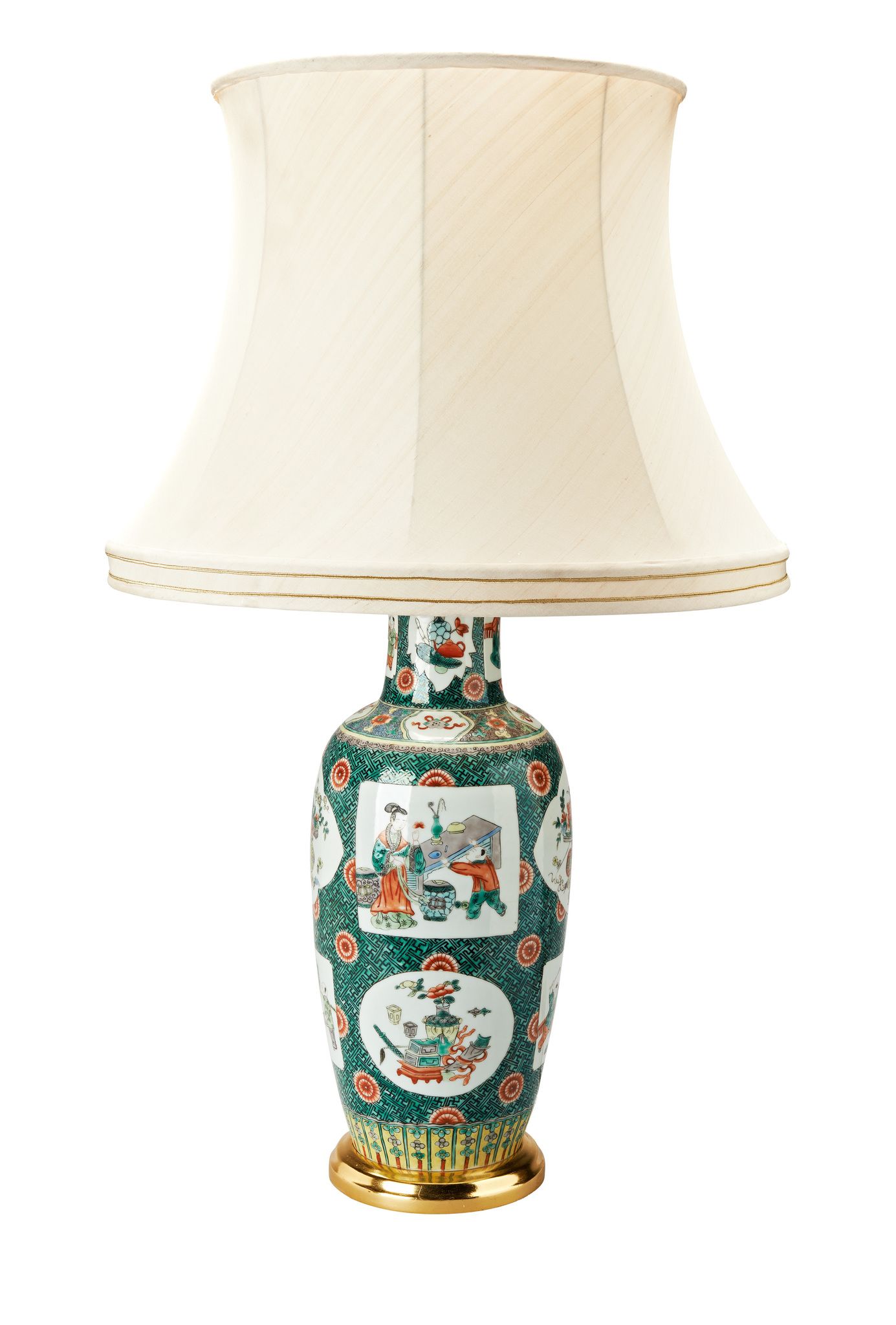 A Famille Verte Vase Mounted as a Lamp China circa 1700, of rouleau form decorated with panels