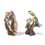 A Pair of Majolica Bird Groups Germany circa 1890, of toucans and parrots sculpted in tin-glazed