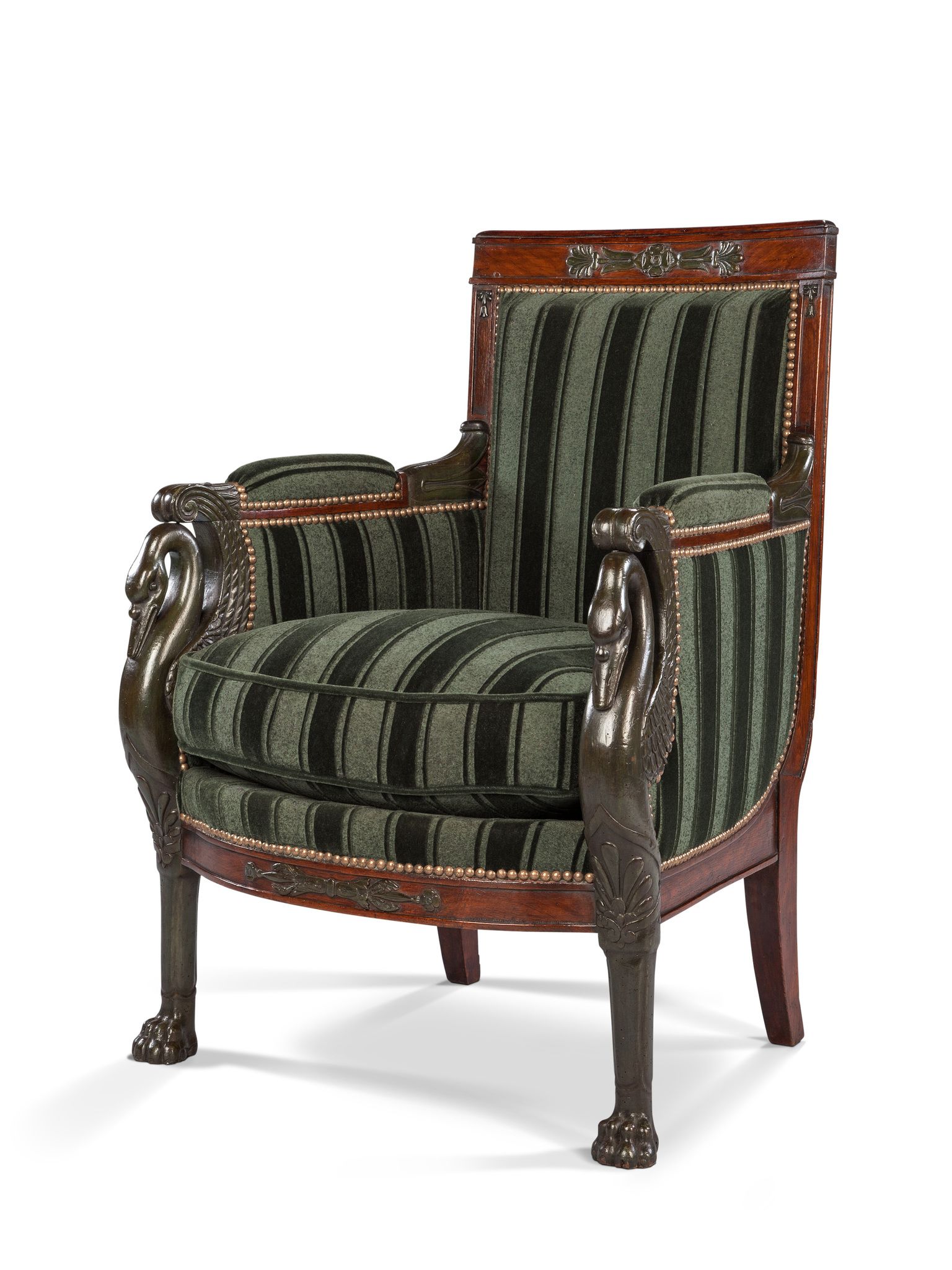 A Charles X Mahogany Bergere With Swan Arms France circa 1830,  with neo-classical enrichments