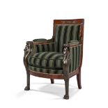 A Charles X Mahogany Bergere With Swan Arms France circa 1830,  with neo-classical enrichments