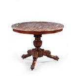 A Charles X Gueridon France circa 1835, retaining its original  G ris St Anne marble top with