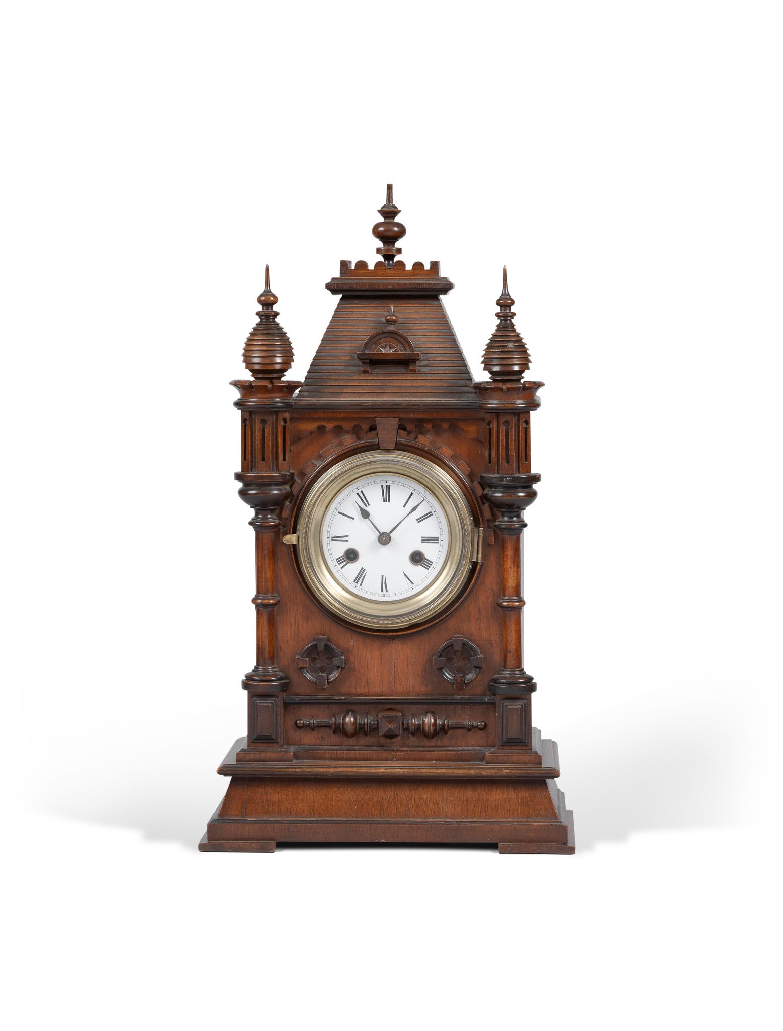 A Gothic Clock England / France circa 1860, in the form of a  G othic castle facade with a mansard