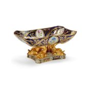 A Worcester Dolphin Tazza England circa 1820, decorated with a blue ground with gilded highlights