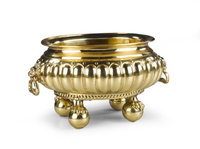 A Late 17th Century Brass Jardiniere Low countries circa 1700, with bulbous body with lion's head