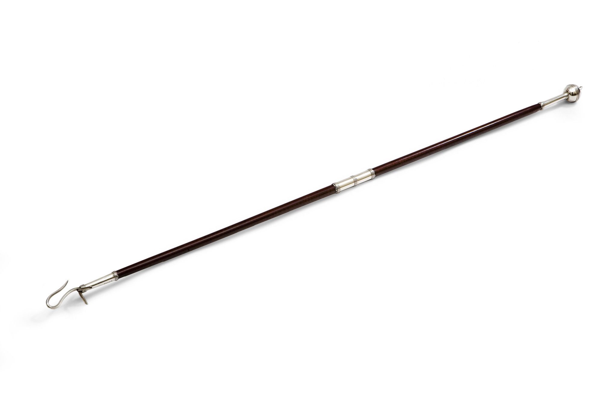 A Silver and Plum Pudding Mahogany Toasting Fork England circa 1887, with plum pudding mahogany