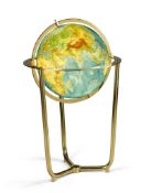 An Illuminated Brass Globe Germany circa 1959, supported by a brass tubular triform stand, and