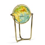 An Illuminated Brass Globe Germany circa 1959, supported by a brass tubular triform stand, and