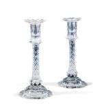 A Pair of Faceted Glass Column Candlesticks England circa 1780, the facet cut nozzles with large cut