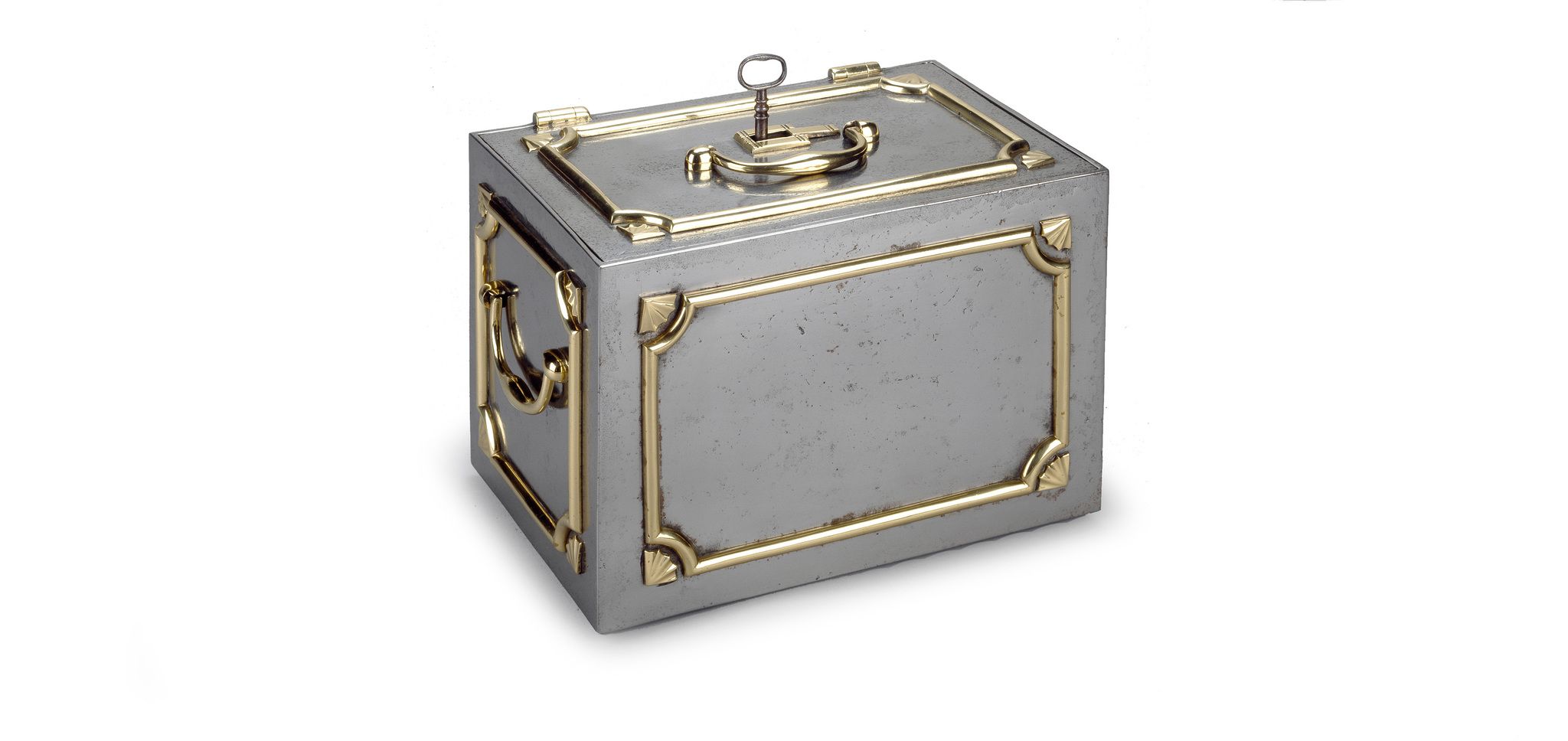 A Steel and Brass Jewellery Safe England circa 1900, the top and all four sides panelled with