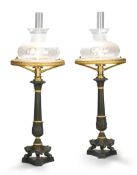 A Pair of Sinumbra Lamps France circa 1820, the fluted columns standing on a tripod of claw feet,