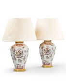 A Pair of Samson "Famille Rose" Armorial Vases Mounted as Lamps France circa 1870, the front face