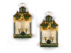 A Pair of Regency Revival Wall Lanterns England circa 1950, decorated with gilt flutes and swags,