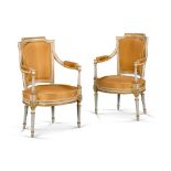 A Pair of Louis XVI Fauteuils France circa 1785, attributed to Claude Sené  II, the backs are