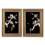 A Pair of Japanese Panels Japan circa 1880, mother of pearl and carved ivory,  with  black lacquer