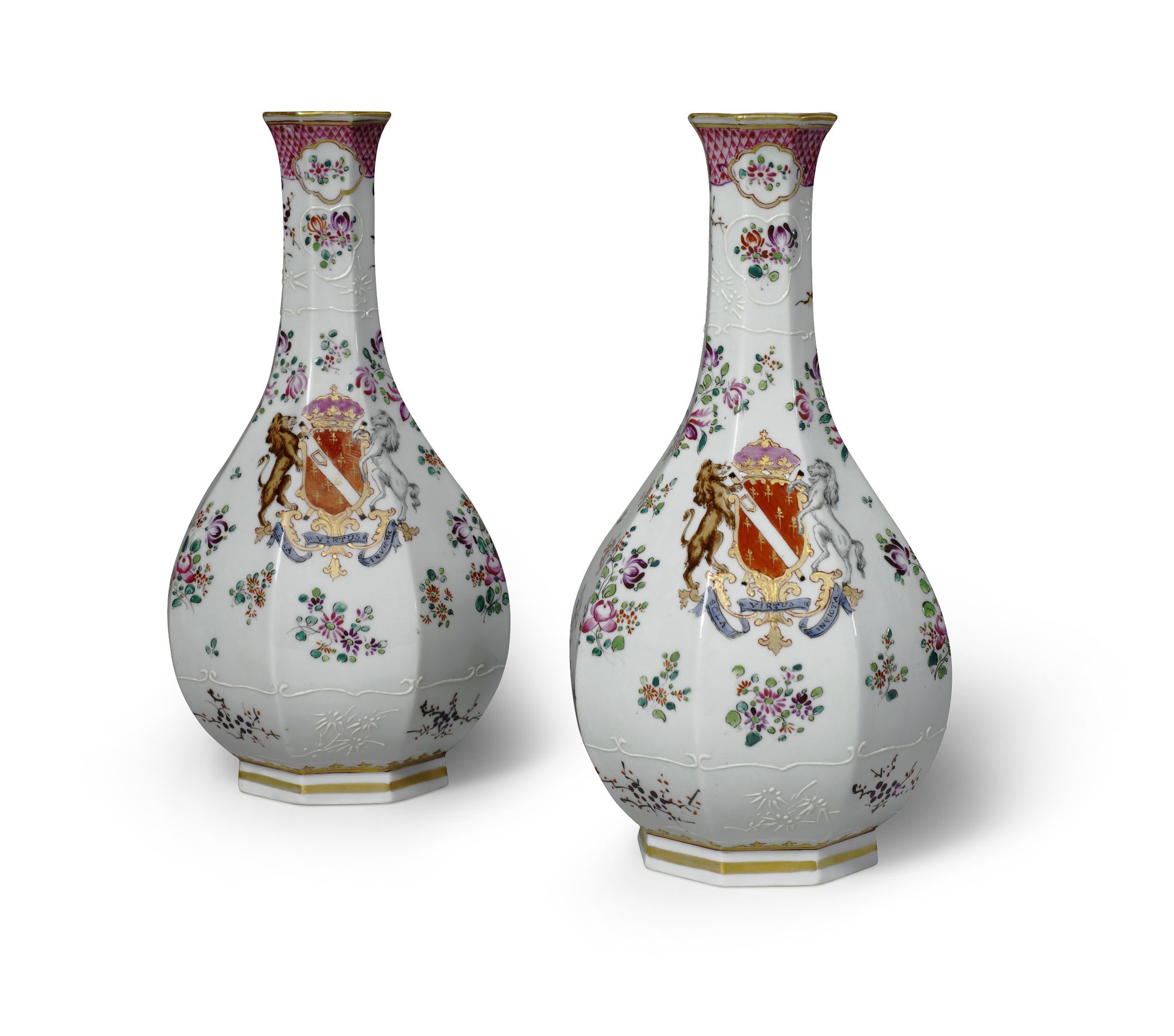 A Pair of 19th Century French Samson Porcelain Vases France circa 1800, bearing coar of arms with