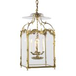 A  Brass Hall Lantern England circa 1820, surmounted by anthemia at each corner and stylised