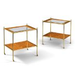 A Pair of Tulip Wood Two Tier Tables England circa 2009, veneered with bands of tulip wood, with a