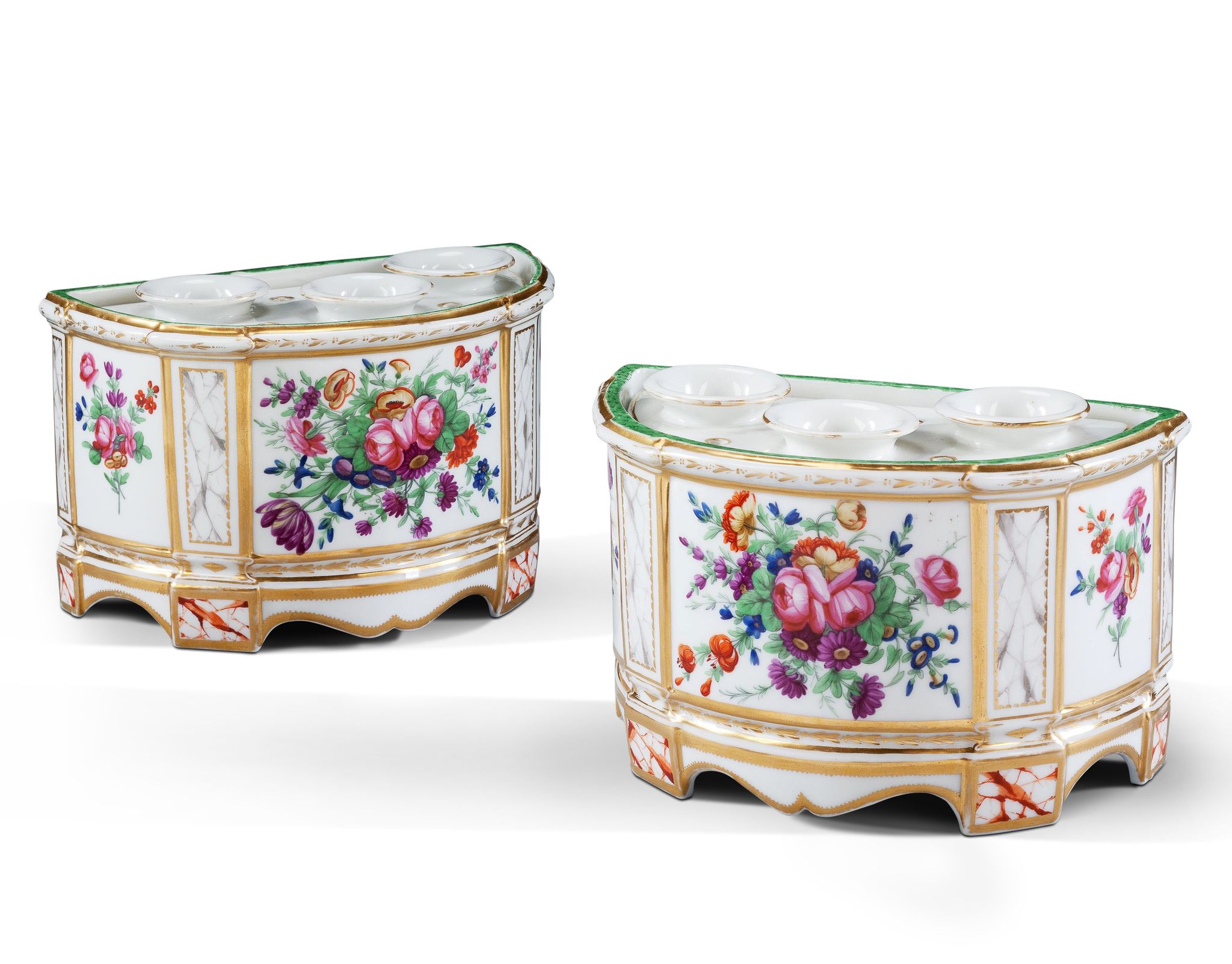 A Pair of Porcelain Cache Pots France ,  painted with classical motifs and floral cartouches, the