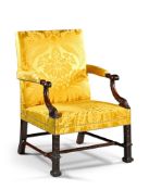 A George II Mahogany Library Armchair England circa 1740, the arm supports with stylised acanthus