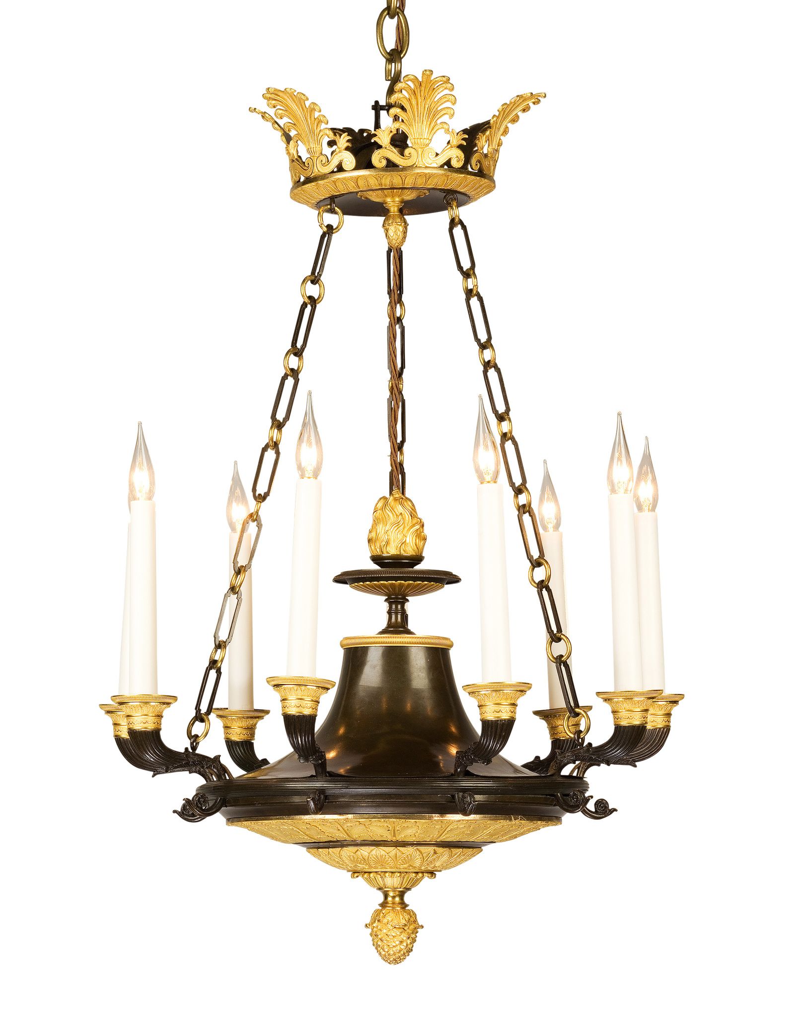 A Bronze and Gilt Empire Chandelier France circa 1810, the canopy is enriched with gilt metal open