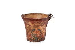 A Pair of Fire Buckets England circa 1860, bearing in polychrome the Royal arms,     26cm high