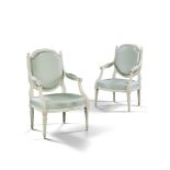 A Set of Four Painted Chairs France circa 1785, two chairs stamped Sené , having rectangular