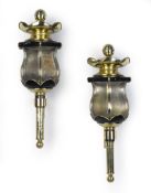 A Pair of 19th Century Carriage Lights England circa 1870, having shaped bombe glazed sides