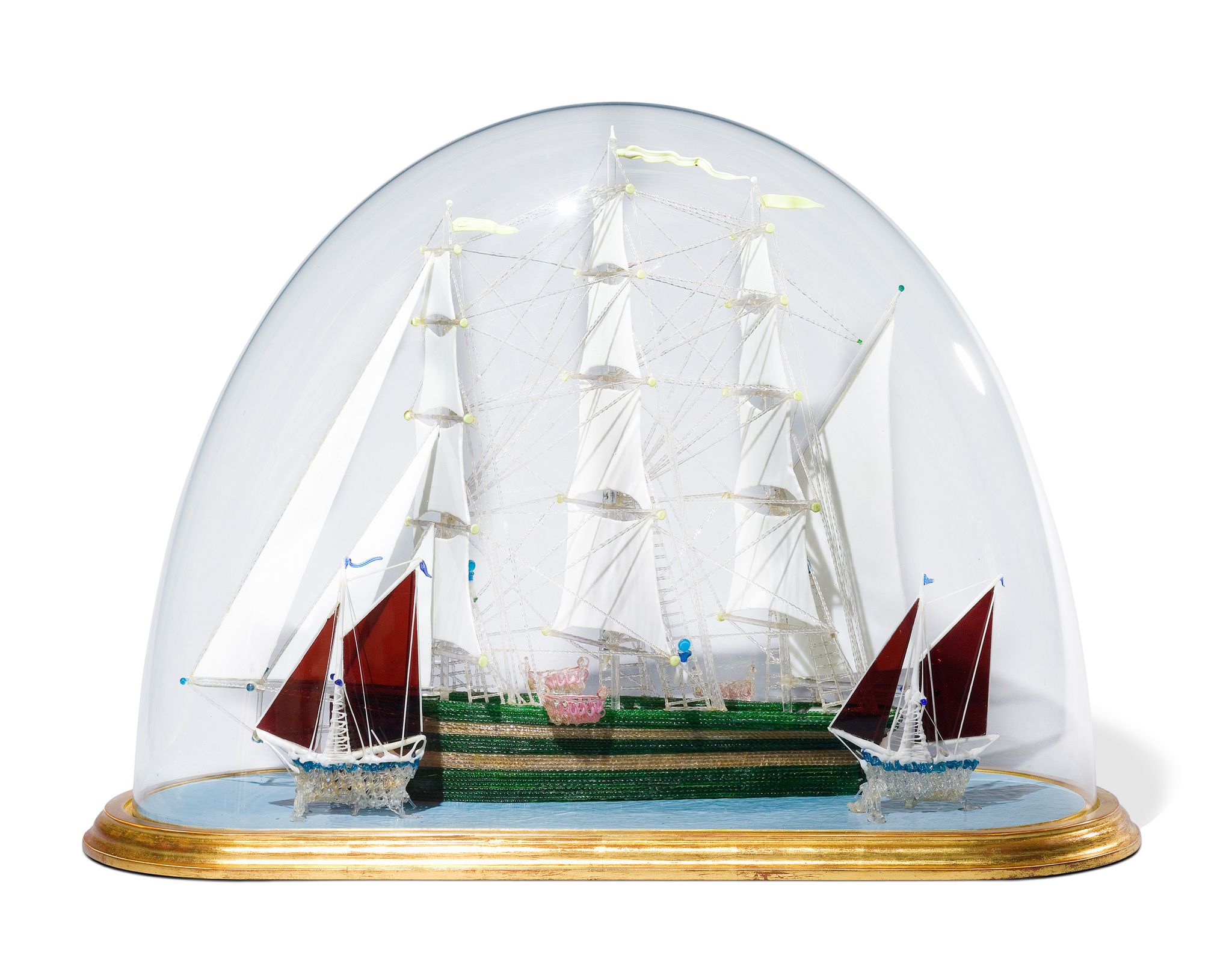 A Glass Model of A Ship in A Dome England circa 1880, made out of green, white and clear thin