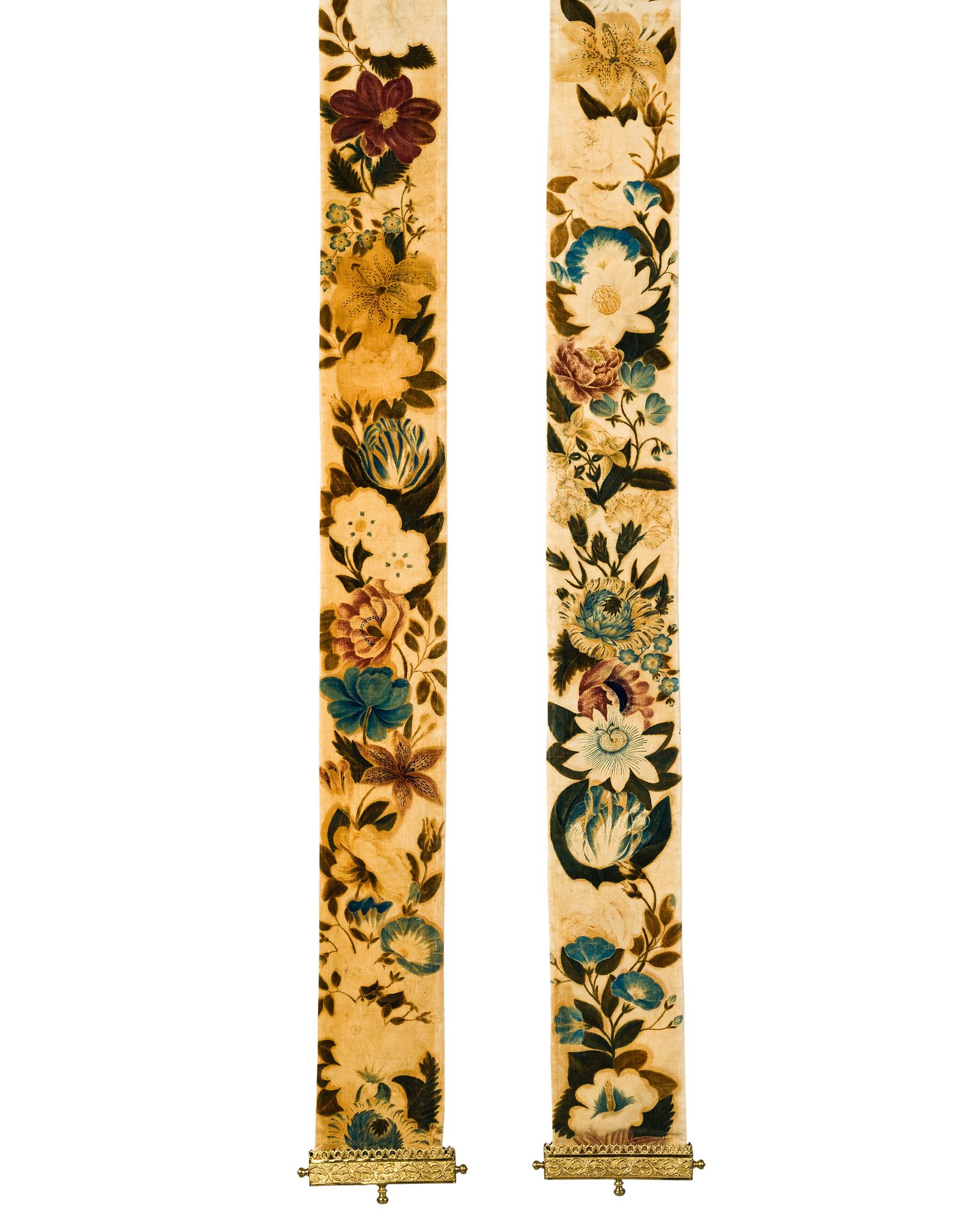 A Pair of Velvet Bell Pulls England circa 1860, decorated with painted flowers depicted in tones