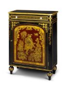 A Regency Japanned Side Cabinet England circa 1820, the rounded edge top with a painted gold border,