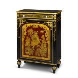 A Regency Japanned Side Cabinet England circa 1820, the rounded edge top with a painted gold border,