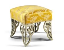 A Silk Covered Brass Foot Stool England circa 2010, with outswept 19th century lacquered brass feet,