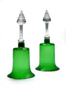 A Pair of Green Glass Bells England circa 1900, with wrythen green bowls and flint handles ,  33cm