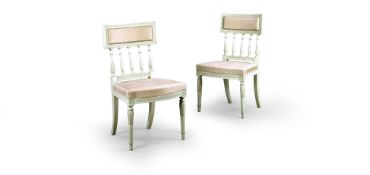 A Pair of Swedish Painted Chairs Sweden circa 1780, having coved backs with an upholstered back rest