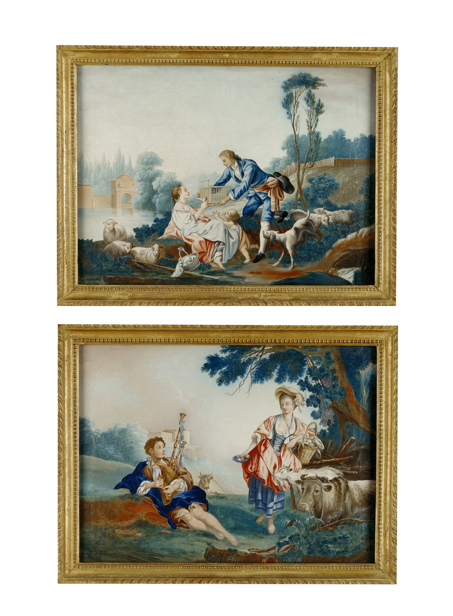 A Pair of Late 18th Chinese Export Oils After Boucher. China circa 1780, of fête champêtre after