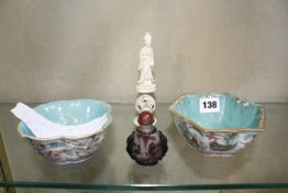 Two Cantonese enamel porcelain bowls, an ivory puzzle ball with figure and a Peking glass snuff