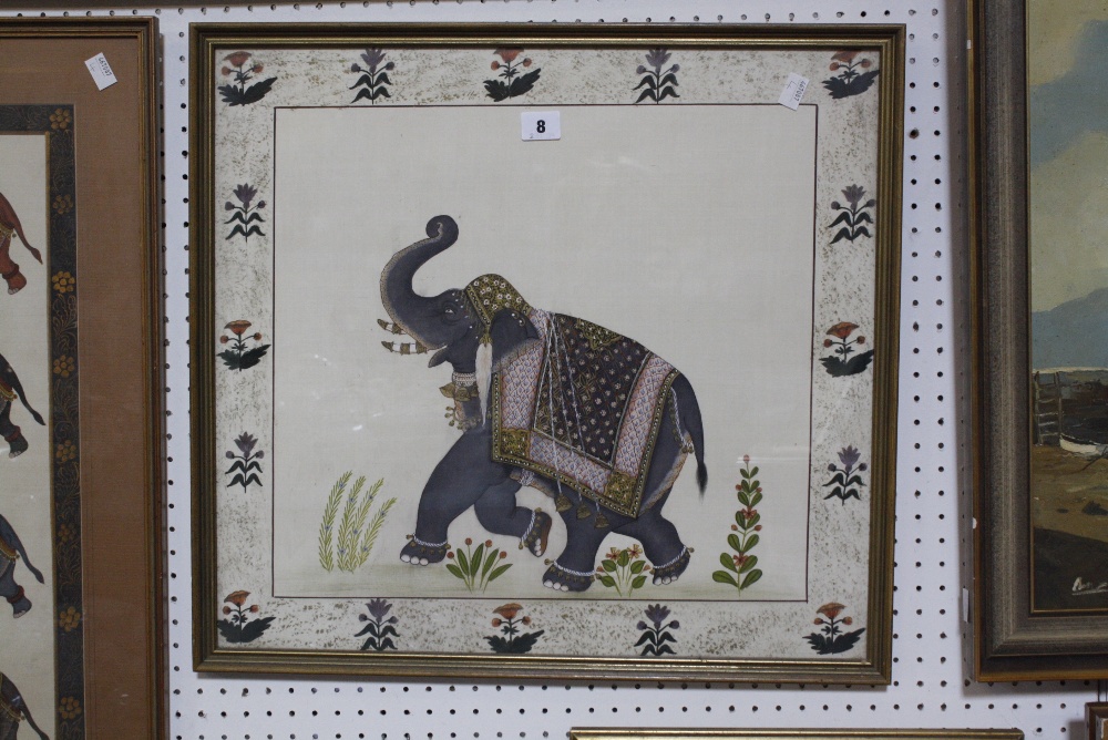 Two 20th Century Indian School paintings on silk, of elephants within foliate borders -2