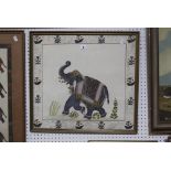 Two 20th Century Indian School paintings on silk, of elephants within foliate borders -2