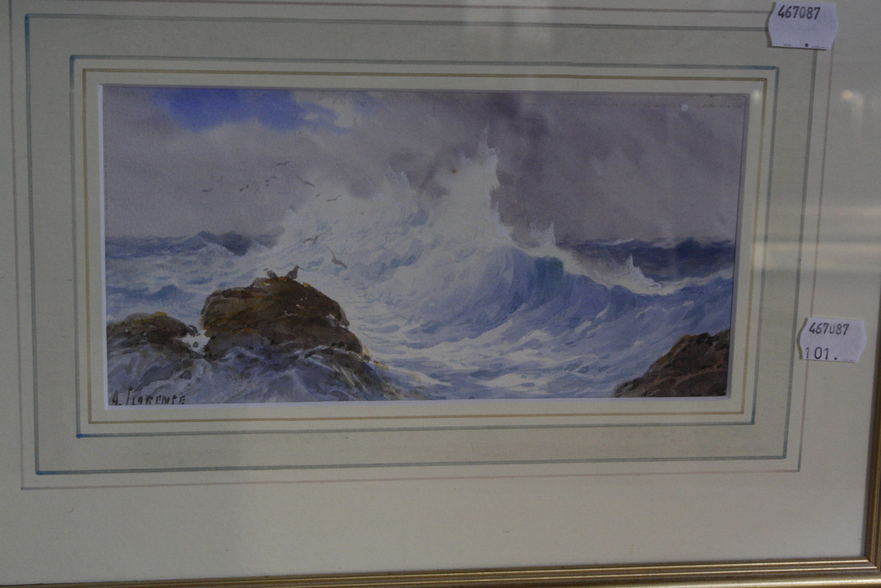 A.. Laurence (?) (British, 19th Century) Waves crashing onto rocks Watercolour Signed indistinctly - Image 2 of 2